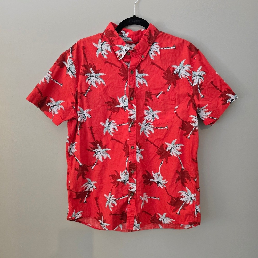 American Eagle Mens XL Red Palm Tree Tropical Short Sleeve Button Down Shirt